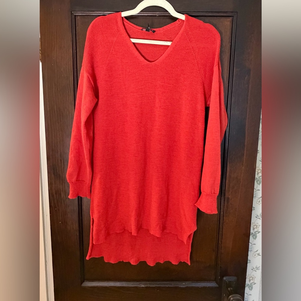 Eileen Fisher 100% Wool High-Low Summer Sweater – M – Flame Red (Italian Yarn)